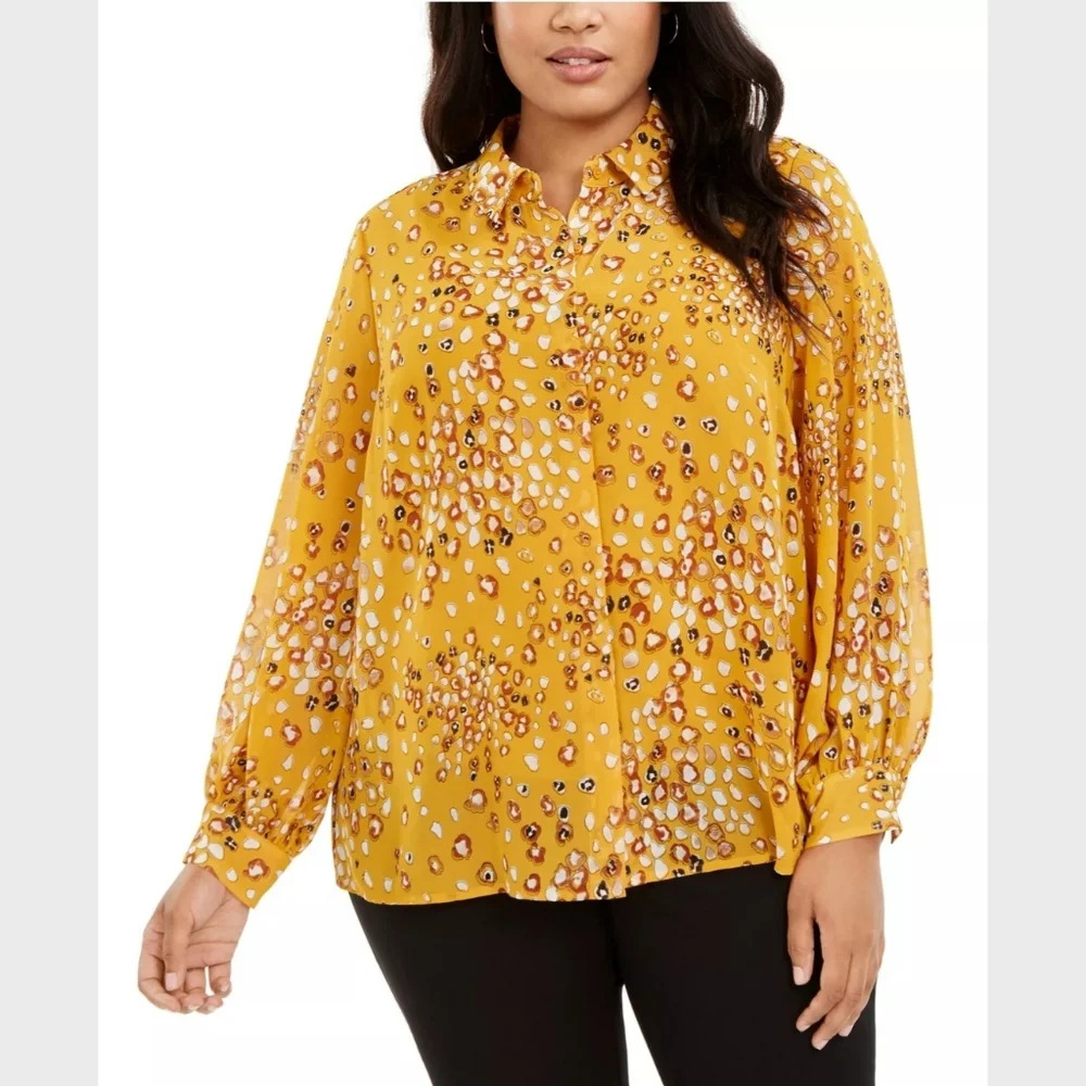 Alfani XL Printed Collared Button Up‎ Long Sleeve Career Work Blouse Top NWT